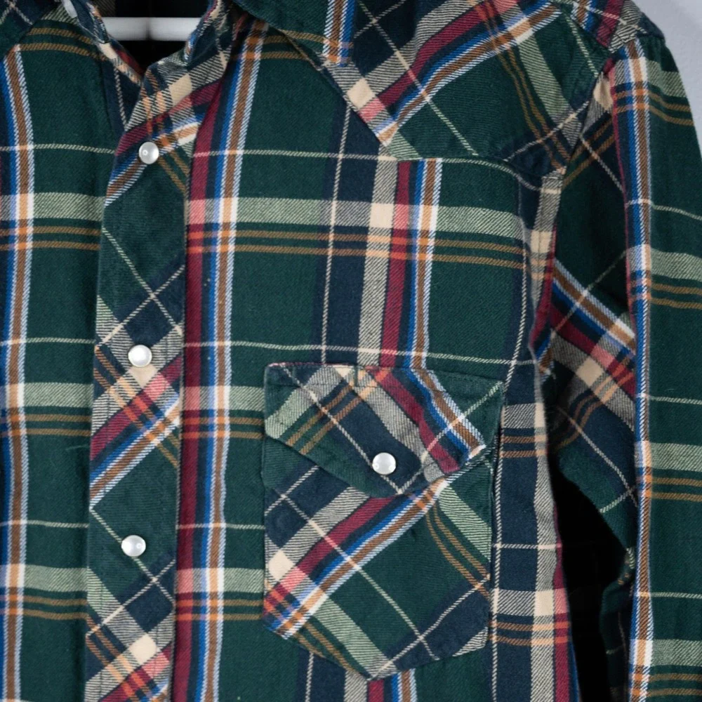Vintage Wrangler Western Flannel Shirt Mens Medium Green Plaid‎ Pearl Snap Yoke